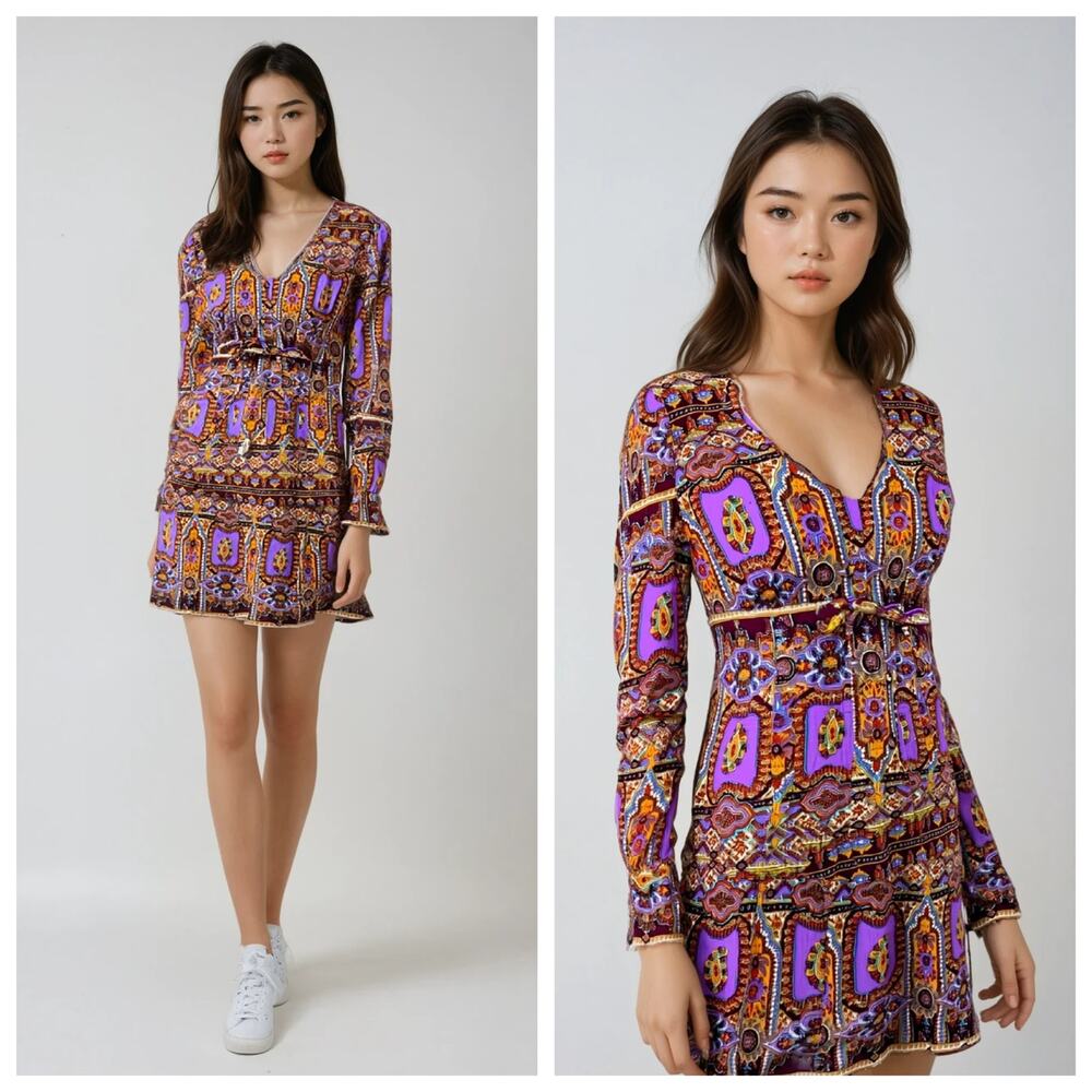 Sundays Child Vintage Boho Mini Dress Long Sleeve Purple Print Size 6